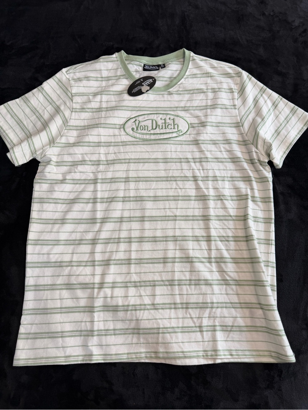 Von Dutch Men’s White & Light Green Striped Logo T-Shirt XL